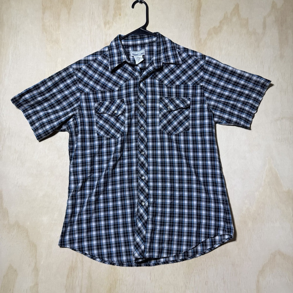 Wrangler Mens Wrancher Shirt L Western Shirt Blue Black Plaid Pearl Snap